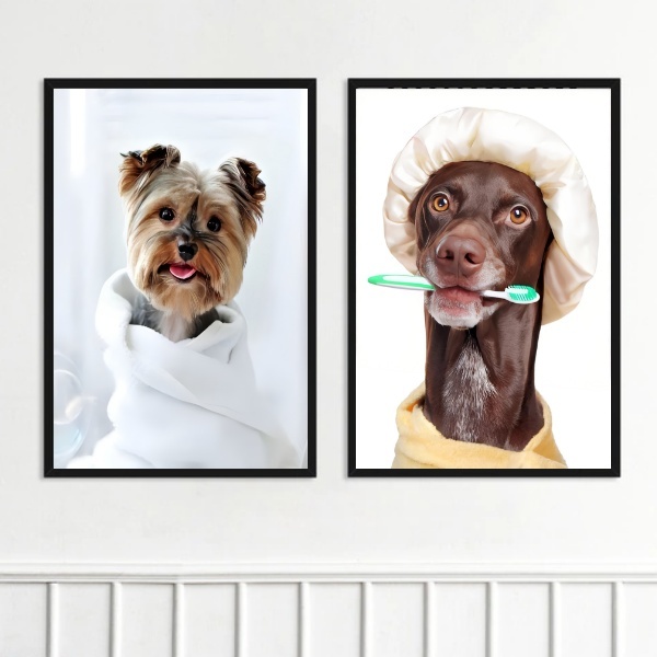 Kit 2 Quadros Pet Shop - Banho 45x34cm - Com Vidro Moldura Pr