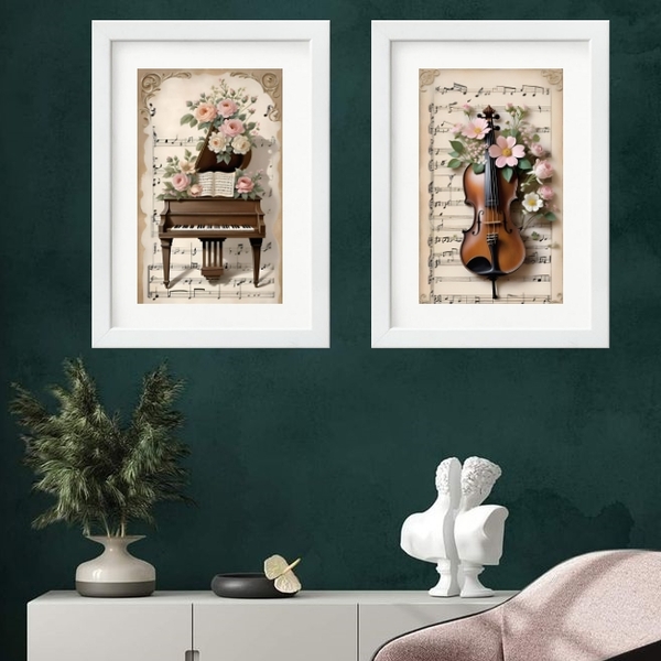 Kit 2 Quadros Piano E Violino - 60x48cm Moldura:madeira Branca