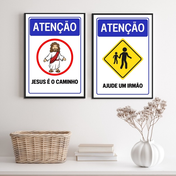 Kit 2 Quadros Placas Cristãs - Atenção 33x24cm Moldura:madeir
