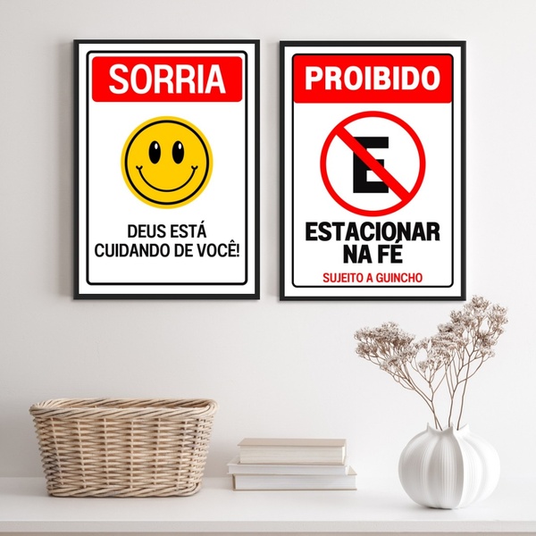 Kit 2 Quadros Placas Cristãs - Fé 33x24cm Moldura:madeira Pre