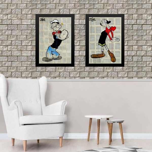 Kit 2 Quadros Popeye E Olívia Palito 24x18cm Moldura:madeira