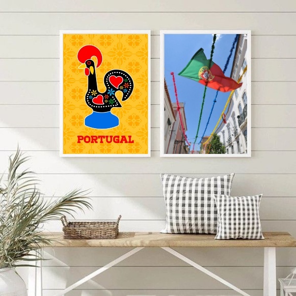 Kit 2 Quadros Portugal- Galo Barcelos E Bandeira 33x24cm - Co
