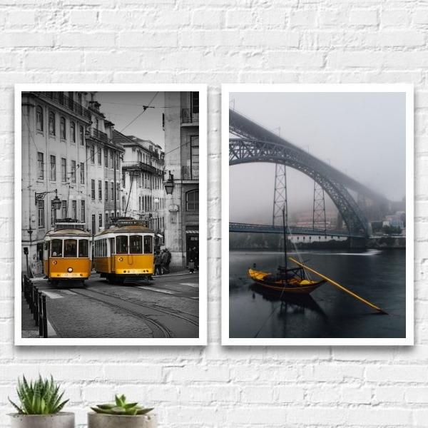 Kit 2 Quadros Portugal Amarelos 24x18cm - Com Vidro Moldura:m