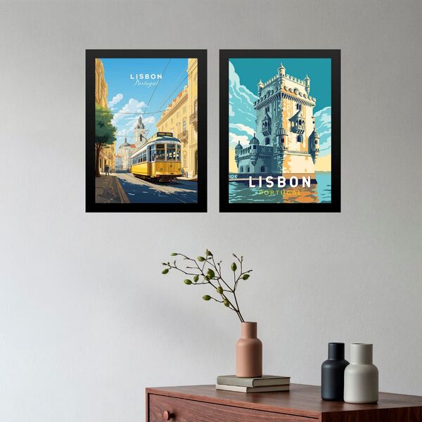 Kit 2 Quadros Posters Lisboa - Portugal 24x18cm - Com Vidro M
