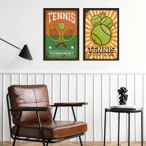 Kit 2 Quadros Posters Tennis Retrô 33x24cm Moldura Preta