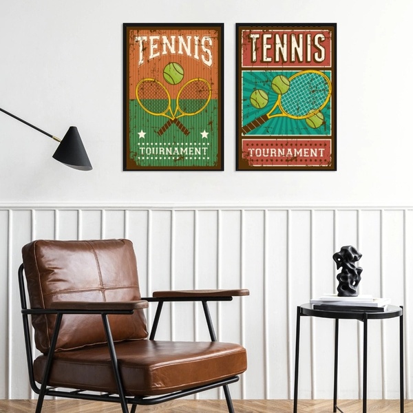 Kit 2 Quadros Posters Tennis Vintage 33x24cm - Com Vidro Mold