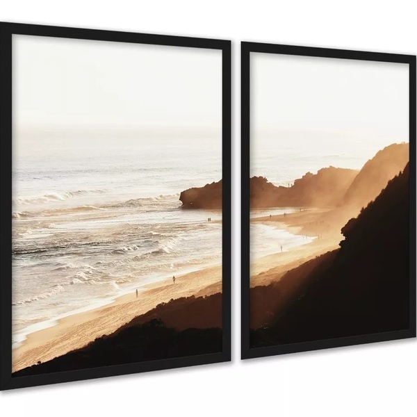 Kit 2 Quadros Praia Areia Degradê Marrom 45x34cm - Com Vidro
