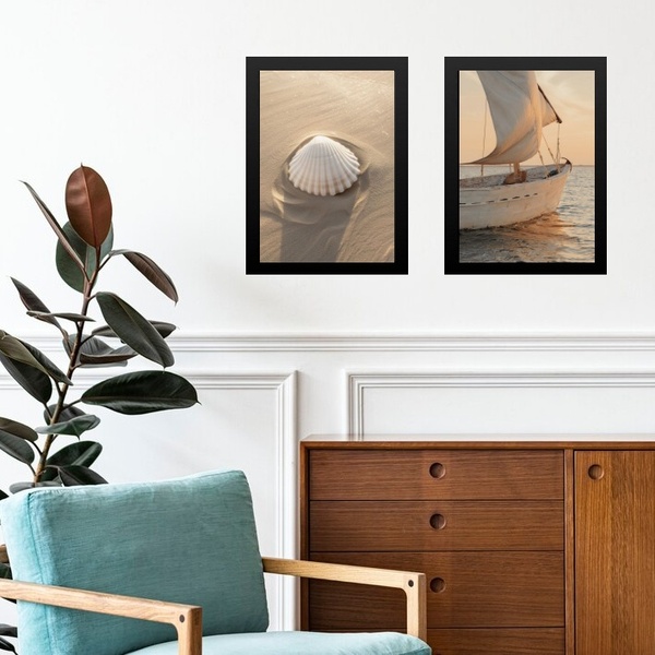 Kit 2 Quadros Praia Bege - Concha E Barco 45x34cm - Com Vidro