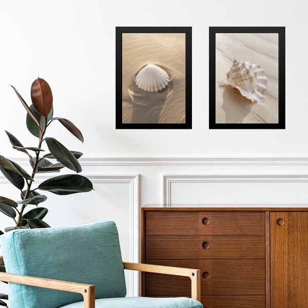 Kit 2 Quadros Praia Bege - Conchas 24x18cm Moldura Branca