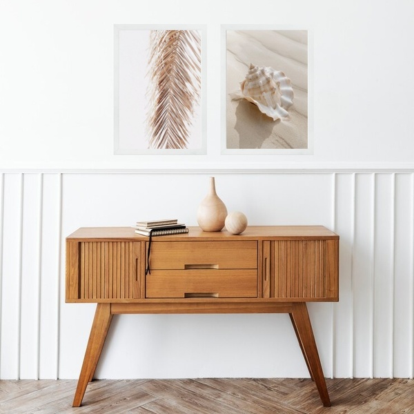 Kit 2 Quadros Praia Bege - Folha E Concha 33x24cm - Com Vidro