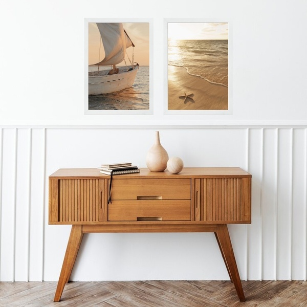 Kit 2 Quadros Praia Bege - Mar E Barco 33x24cm Moldura Preta