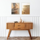 Kit 2 Quadros Praia Bege - Mar E Barco 45x34cm Moldura Preta