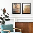 Kit 2 Quadros Praia Bege - Mar E Barco 45x34cm Moldura Preta