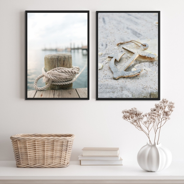Kit 2 Quadros Praia Branco- Corda E Âncora 33x24cm - Com Vidr