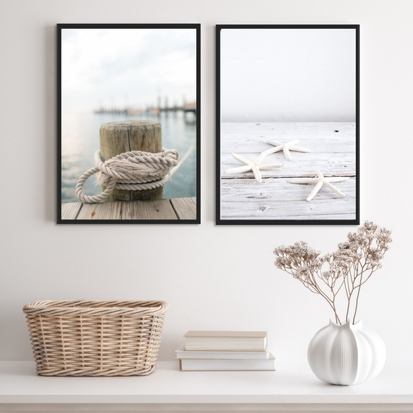 Kit 2 Quadros Praia Branco- Corda E Estrela Do Mar 33x24cm Mo