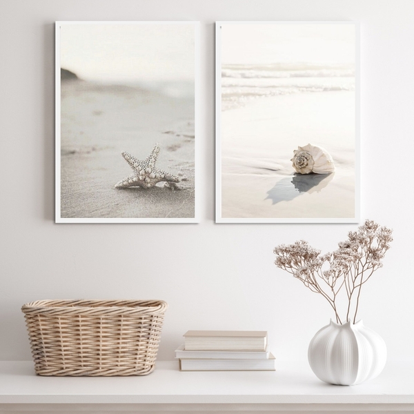 Kit 2 Quadros Praia Branco E Bege- Concha E Estrela 24x18cm -