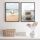 Kit 2 Quadros Praia Branco E Bege- Gaivota Cais 45x34cm - Com