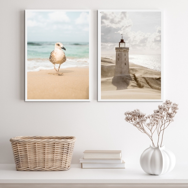 Kit 2 Quadros Praia Branco E Bege- Gaivota Farol 45x34cm - Co