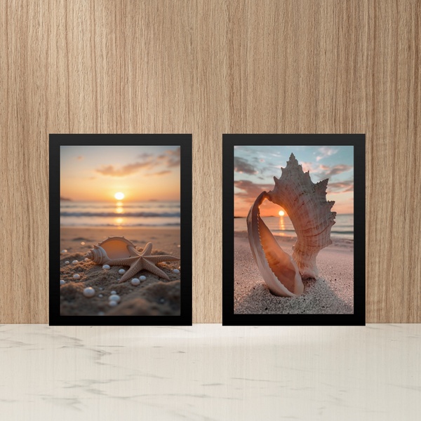 Kit 2 Quadros Praia - Conchas Pérolas Por Do Sol 24x18cm - Co