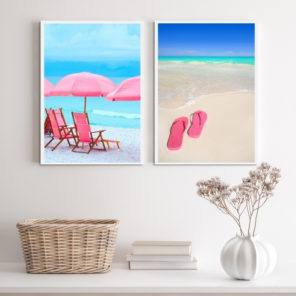 Kit 2 Quadros Praia Elementos Azul e rosa 24x18cm - Com Vidro