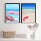 Kit 2 Quadros Praia Elementos Azul e rosa 24x18cm Moldura:mad