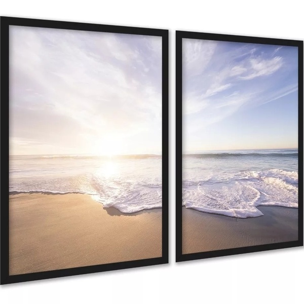Kit 2 Quadros Praia Mar Complementares 33x24cm - Com Vidro Mo