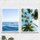 Kit 2 Quadros Praia Mar Coqueiros 24x18cm Moldura:madeira Bra