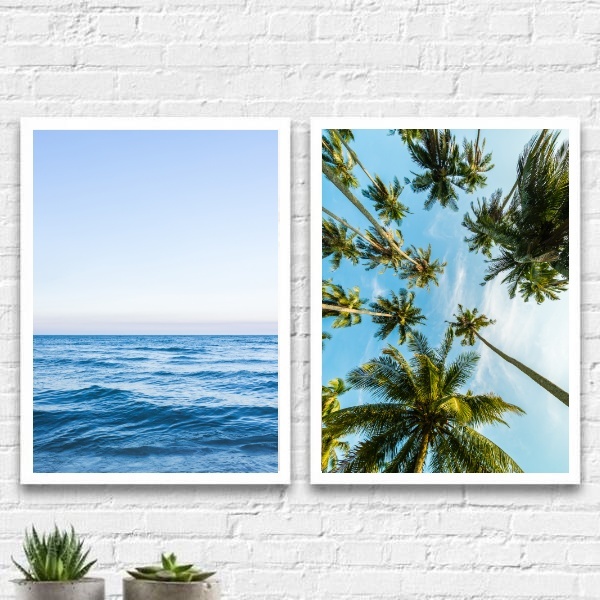 Kit 2 Quadros Praia Mar Coqueiros 24x18cm Moldura:madeira Pre