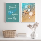Kit 2 Quadros Praia Mar Felicidade - Conchas 33x24cm Moldura: