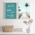 Kit 2 Quadros Praia Mar Felicidade - Coqueiros 33x24cm Moldur