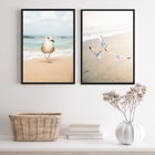 Kit 2 Quadros Praia Neutro- Gaivotas 33x24cm Moldura:madeira