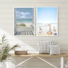 Kit 2 Quadros Praia Paisagem - Gaivotas 45x34cm Moldura Branca