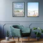 Kit 2 Quadros Praia Paisagem - Gaivotas 45x34cm Moldura Branca