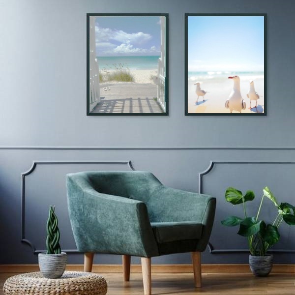 Kit 2 Quadros Praia Paisagem - Gaivotas 45x34cm Moldura Preta