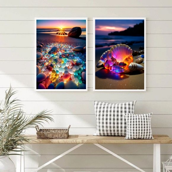 Kit 2 Quadros Praia Pedras Coloridas Iluminadas 33x24cm - Com