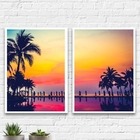 Kit 2 Quadros Praia Por Do Sol 33x24cm Moldura:madeira Preta