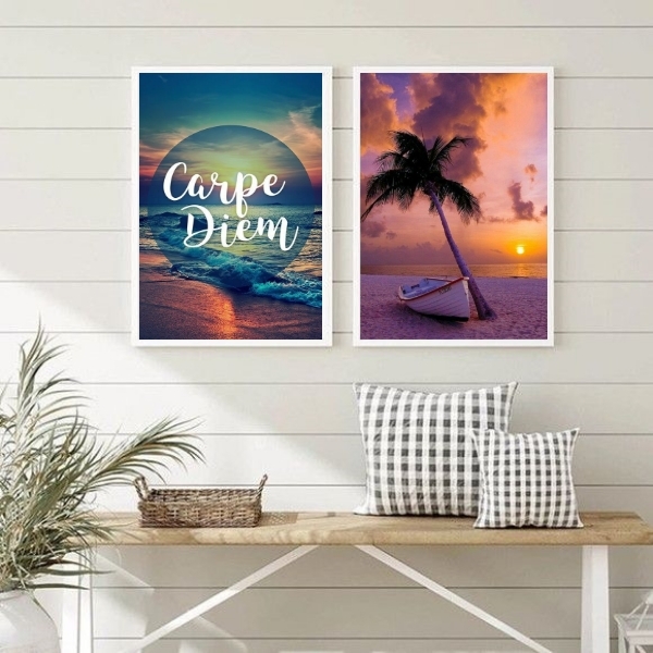 Kit 2 Quadros Praia Por Do Sol Carpe diem 45x34cm - Com Vidro