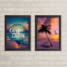 Kit 2 Quadros Praia Por Do Sol Carpe diem 45x34cm Moldura:mad