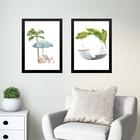 Kit 2 Quadros Praia Relax - Aquarela 33x24cm - Com Vidro Mold