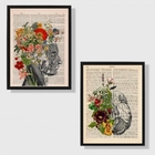 Kit 2 Quadros Psiquiatria Cérebro Flores 45x34cm - Com Vidro