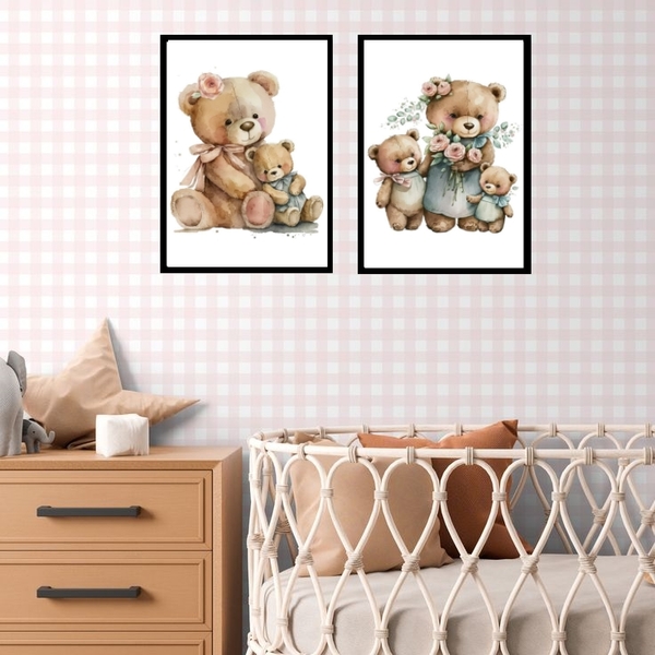 Kit 2 Quadros Quarto Bebê Ursinha Vintage 33x24cm - Com Vidro