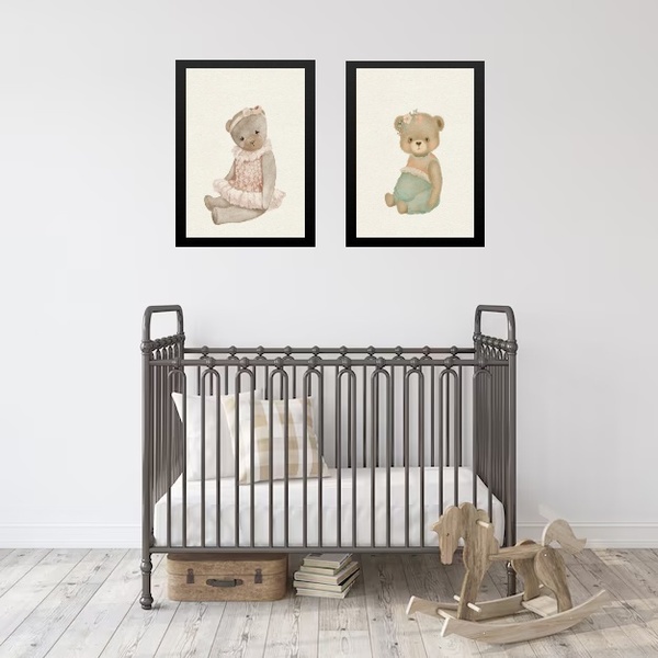 Kit 2 Quadros Quarto De Bebê Ursinhas Vintage 45x34cm - Com V