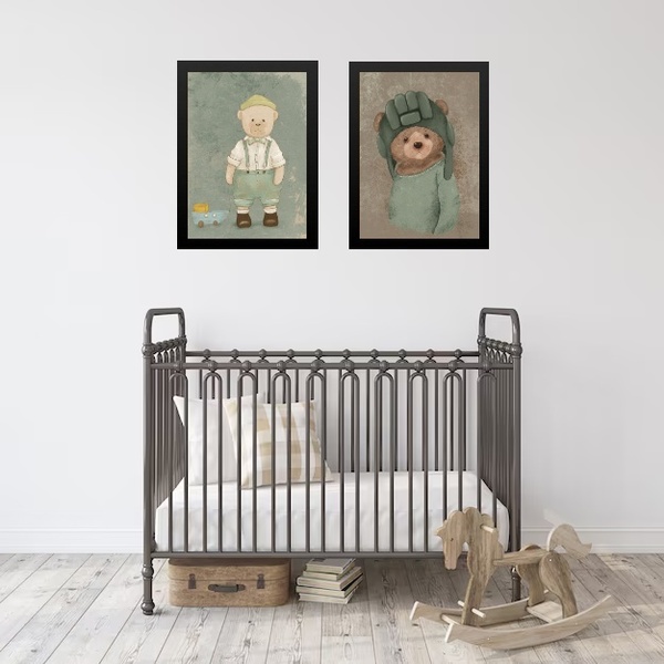 Kit 2 Quadros Quarto De Bebê Ursos Vintage 33x24cm - Com Vidr