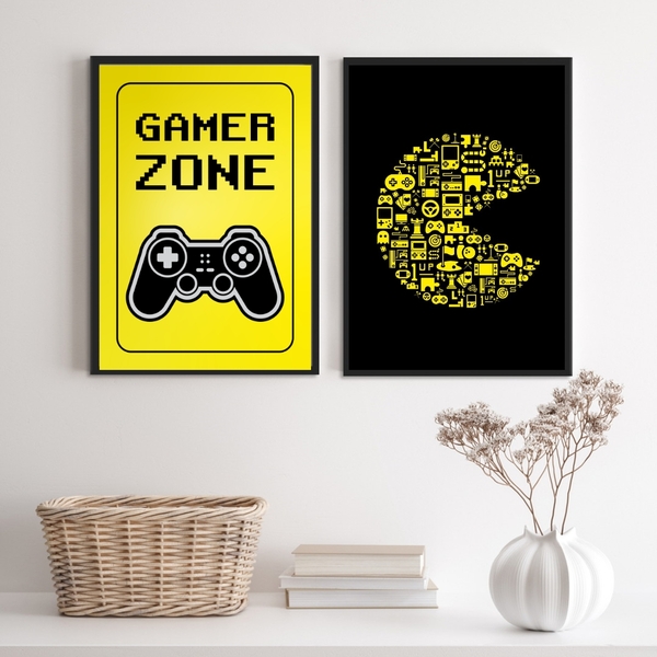 Kit 2 Quadros Quarto Gamer Preto E amarelo 24x18cm Moldura:ma
