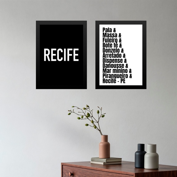 Kit 2 Quadros Recife - Tipografia Gírias 45x34cm Moldura Bran