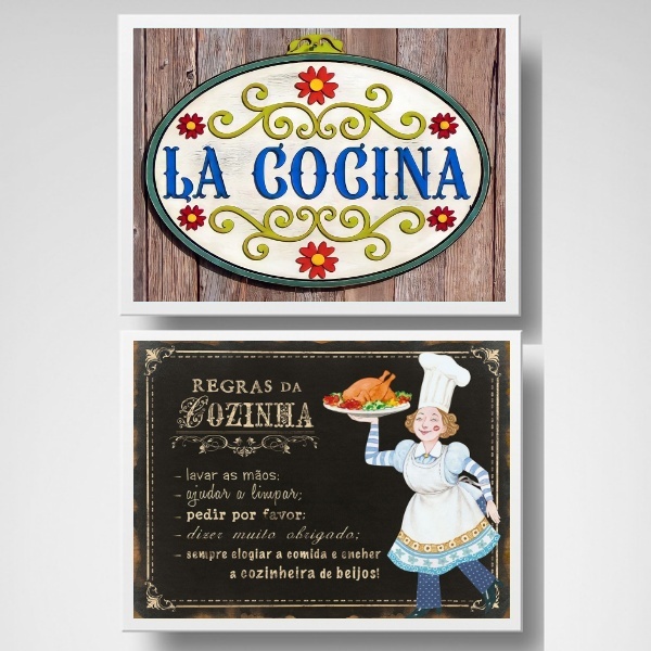 Kit 2 Quadros Regras Da Cozinha 24x18cm Moldura:madeira Preta