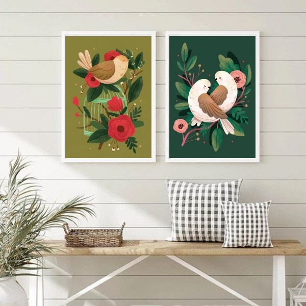 Kit 2 Quadros Retrô Vintage Passarinhos 45x34cm - Com Vidro M