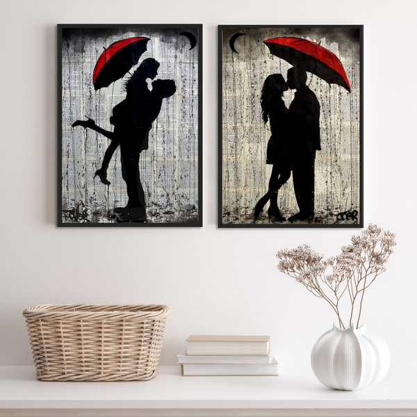 Kit 2 Quadros Românticos Casal Sombrinha 33x24cm - Com Vidro