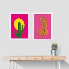 Kit 2 Quadros Rosa Pink - Leopardo E Cacto 33x24cm - Com Vidr