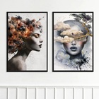 Kit 2 Quadros Rosto De Mulher Com Flores 24x18cm Moldura Bran